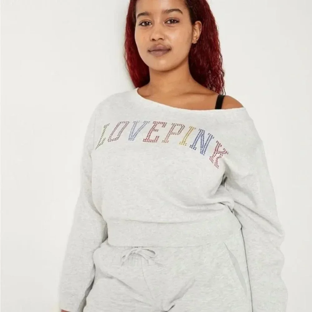 Pink Heather Stone Grey Rainbow Shine Fleece Cropped Sweatshirt Size XL